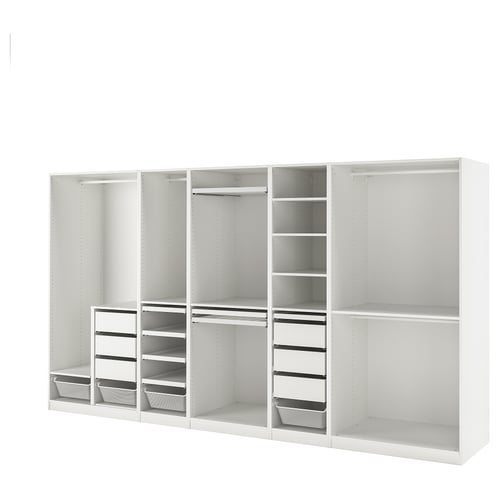 Valge ikea PAX riidekapp riiulite, siinide, klaassahtlitega. Riiete ja aksessuaaride hoiustamislahendus.