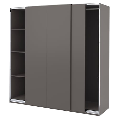 Hall PAX riidekapp, mille sees on kolm lükandust ja riiulid.