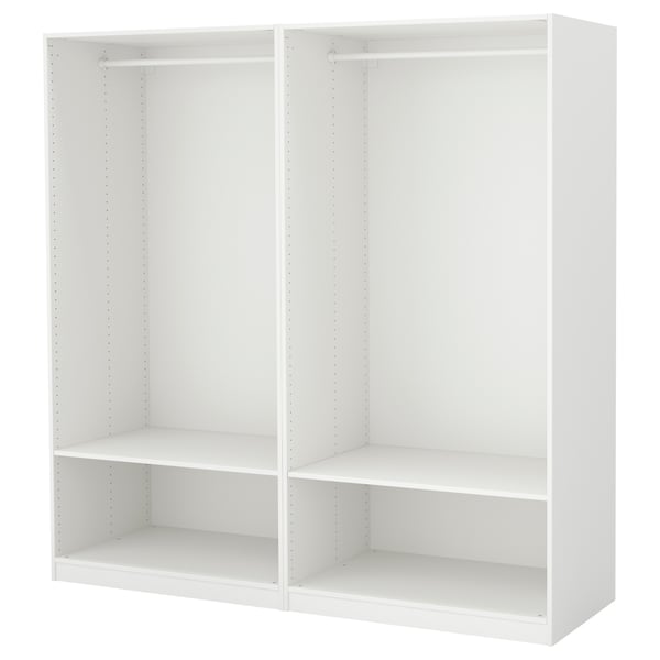 Valge PAX riidekapp riiulite ja riputusvardaga. See on valmistatud puitlaastplaadist ja kaetud epoksüpulbriga.