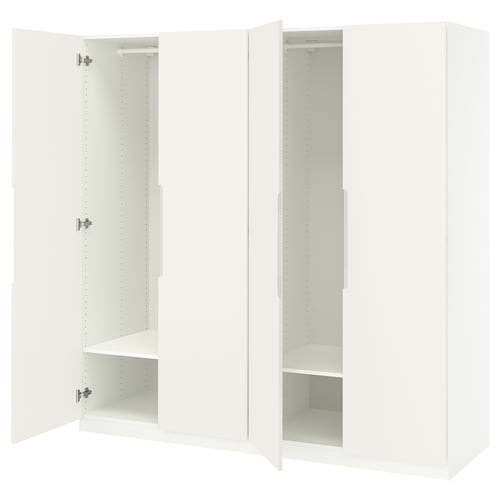 Valge PAX garderoob, ootab seadistamist. Avatud sektsioonid, hinged, riiulid. Kaasaegne, lihtne disain.