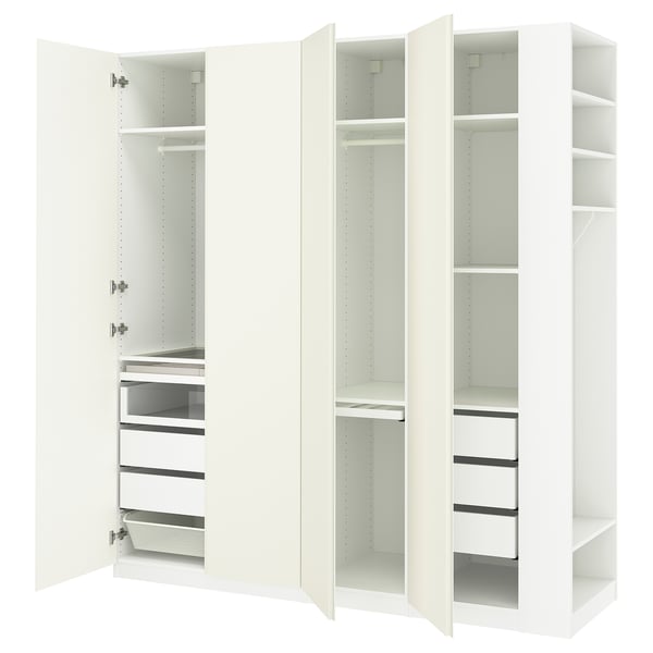 PAX valge riidekapp, avatud riiulid, sahtlid, rippuv ruum. Kaasaegne, minimalistlik disain.
