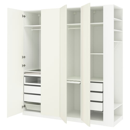 PAX valge riidekapp, avatud riiulid, sahtlid, rippuv ruum. Kaasaegne, minimalistlik disain.