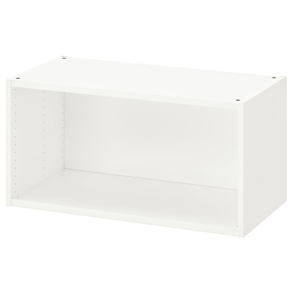 Minimalistliku disainiga ikea PLATSA valge panipaik, millel on puitplaadist ja taaskasutatud materjalidest valmistatud ristkülikukujuline avatud raam.