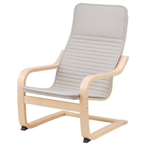 Hele helehall laste tugitool nimega POÄNG. Sellel on hele puitraam, polsterdatud iste ja minimalistliku ja ergonoomilise disainiga seljatugi.