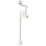 Valge IKEA RÄNNILEN sifoon. Selle silindriline painduva torustikuga, mis on mõeldud valamu alla paigaldamiseks.