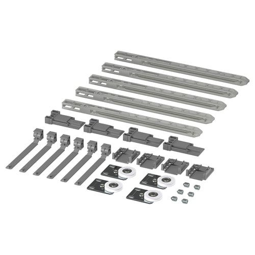 SKYTTA lükandukse riistvara komplekt. Sisaldab halle metallrööpaid, kronsteine, plastrulle ja kruvisid.