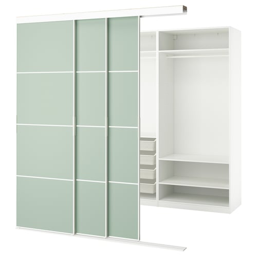 Valge ikea SKYTTA riidekapp roheliste klaasuste ja riiulitega.