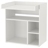 Valge SMÅSTAD mähkimislaud, ristkülikukujuline, 3 avatud riiulit, minimalistlik, puhas disain.