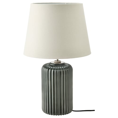 SNÖBYAR lamp: hall keraamiline alus, valge riidest vari. Kaasaegne, silindriline kuju.