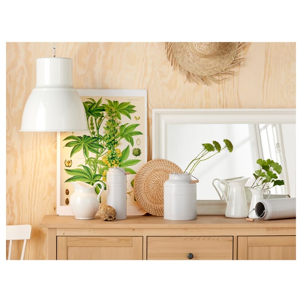 Puidust riiul dekooriga, lamp, taimed, korv, leheplakat