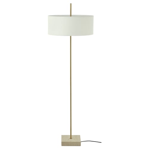 STOCKHOLM 2025 lamp: messingist, travertiinist alus, valge tekstiilvari, minimalistlik disain hajutatud valguse jaoks.