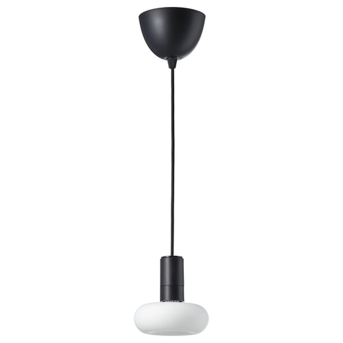 Must laelamp valge klaaspirniga, klanitud disain, riputusjuhe, kaasaegne välimus, minimalistlik stiil.