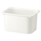 Sellel on vastupidavast taaskasutatud plastist valmistatud valge TROFASTi hoiukast, mis on mõeldud mänguasjade ja raamatute korrastamiseks.