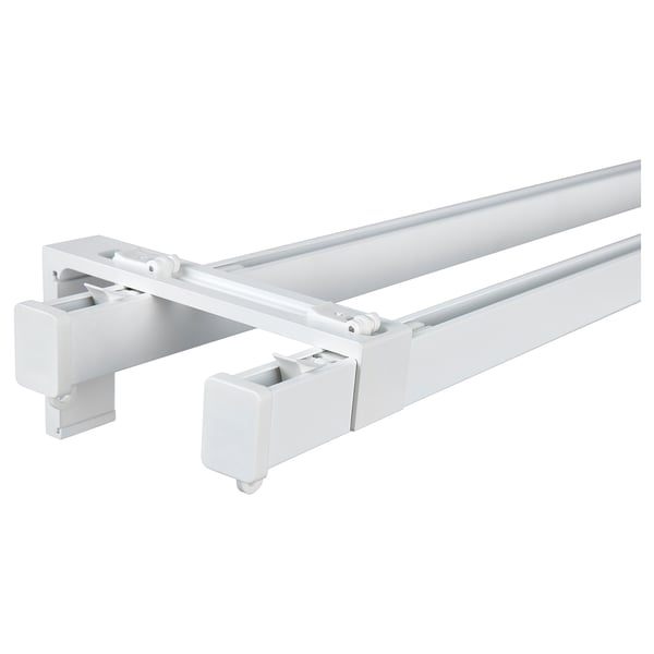 VIDGA valge kardinapuuhoidja kahe varraga, valmistatud alumiiniumist ja plastikust.