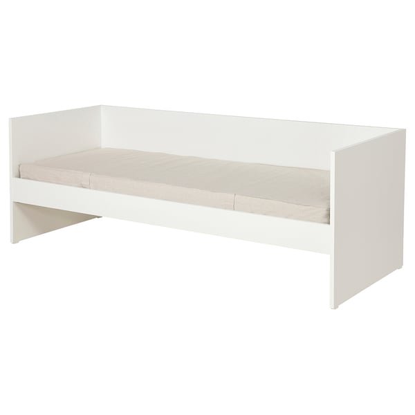 Valge VIHALS diivanvoodi beeži madratsiga. Kaasaegne, minimalistlik disain. Ideaalne väikestesse ruumidesse.