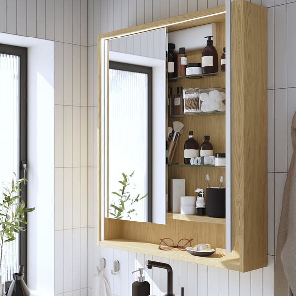 FAXÄLVEN Зеркальный шкаф с подсветкой, под дуб, 80x15x95 см