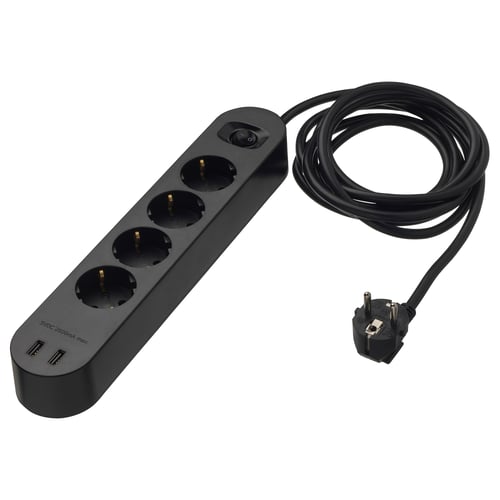 KOPPLA Удлинитель 4-местный/2 USB-порта, чёрный, 3.0 м