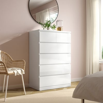 MALM Комод с 6 ящиками, глянцевый белый, 80x123 см
