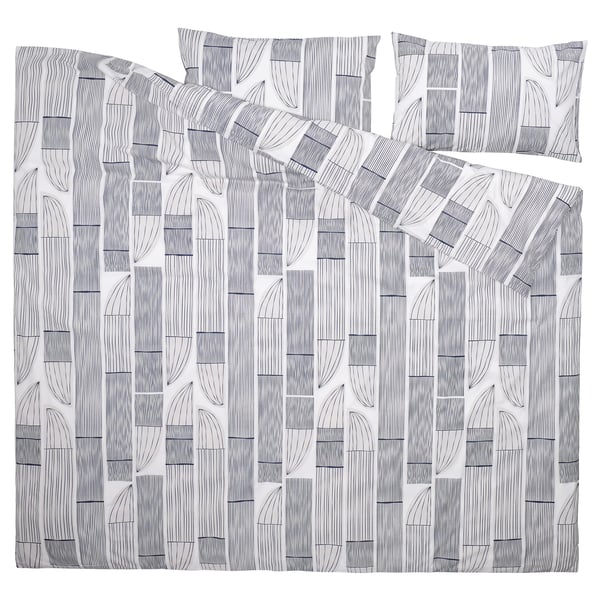 BERGKORSÖRT غطاء لحاف و ٢ غطاء مخدة, أبيض/رمادي, 240x220/50x80 سم