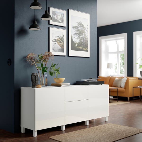 BESTÅ تشكيلة تخزين مع أدراج, أبيض/Selsviken/Stubbarp أبيض/لامع, 180x42x74 سم