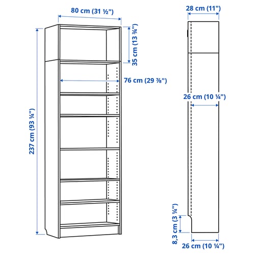 BILLY مكتبة, أبيض, 80x28x237 سم