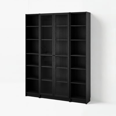 BILLY / OXBERG تشكيلة مكتبة مع أبواب زجاجية, أسود شكل السنديان, 160x202 سم
