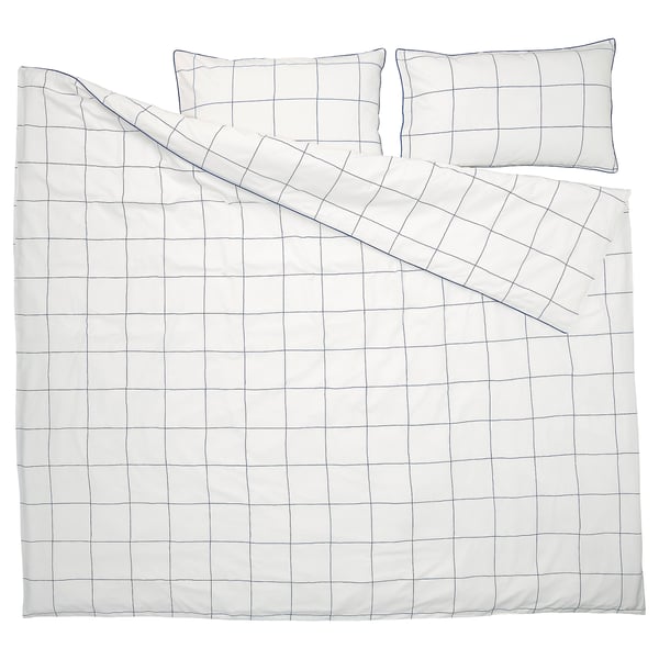BREDVECKLARE غطاء لحاف و ٢ غطاء مخدة, أبيض أزرق/مربّع, 240x220/50x80 سم