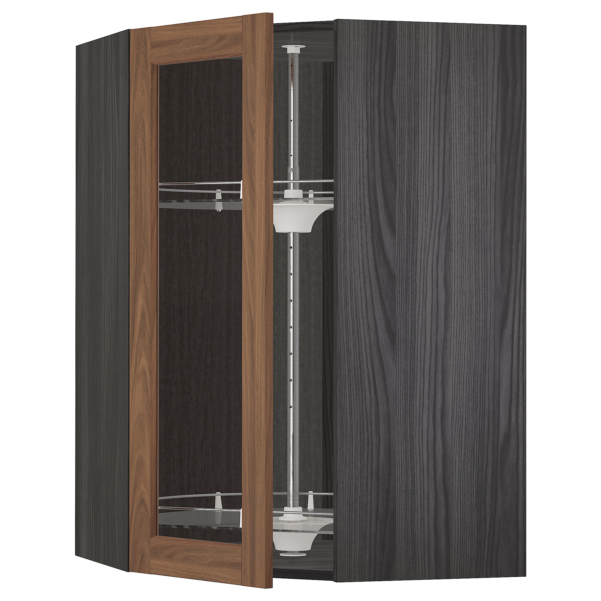 METOD خزانة حائط زاوية+رف دوّار/ب. زجاجي, أسود Enköping/بني شكل خشب الجوز, 68x100 سم