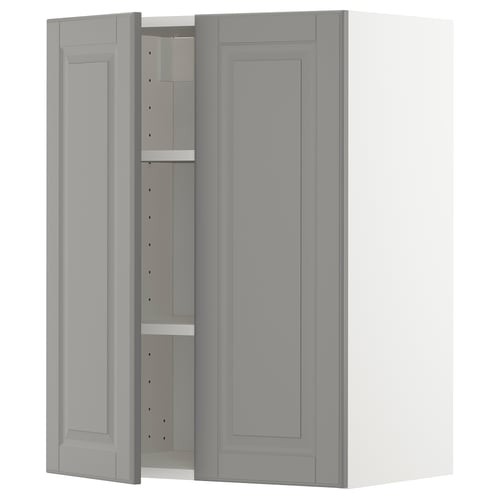 METOD خزانة حائط مع أرفف/بابين, أبيض/Bodbyn رمادي, 60x80 سم