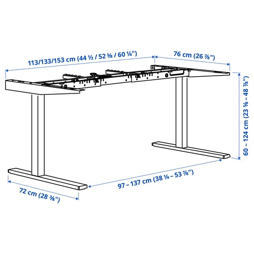 MITTZON إطار سفلي لمكتب متغيّر الارتفاع, كهربائي/أبيض, 120/140/160x80 سم