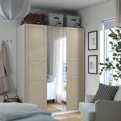 PAX / KAMMARTORP/TYSSEDAL تشكيلة دولاب ملابس., أبيض زجاج مرايا/رمادي رمادي-بيج, ‎150x60x201 سم‏