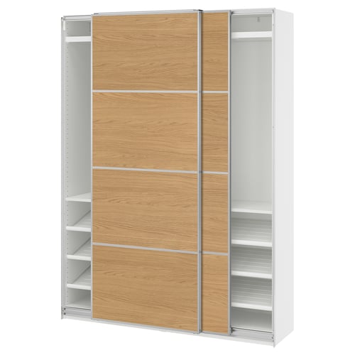PAX / MEHAMN دولاب ملابس مع أبواب سحّابة, أبيض الومينيوم/ثنائي الجانب. شكل السنديان, 150x43x201 سم