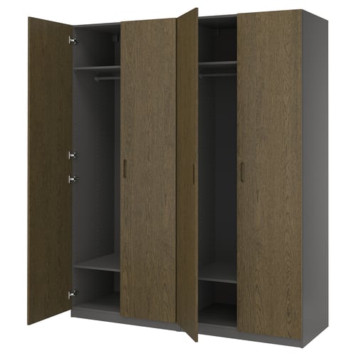 PAX / TONSTAD تشكيلة دولاب ملابس., رمادي غامق/بني قشرة سنديان مصبوغ, 200x60x236 سم