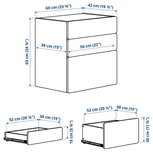 SMÅSTAD / PLATSA وحدة تخزين بـ 3 أدراج, أبيض/بتولا, 60x42x63 سم