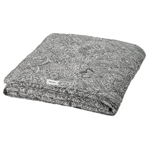 The ÄNGSSTAMFLY duvet is grey with white floral patterns, rectangular, and made from recycled polyester and cotton.