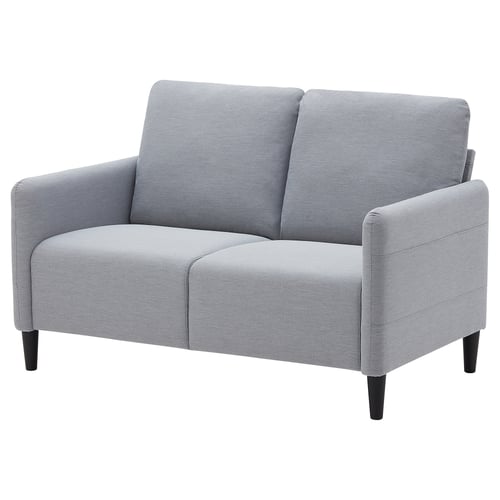 Light grey ANGERSBY loveseat, modern, compact design with soft cushions.