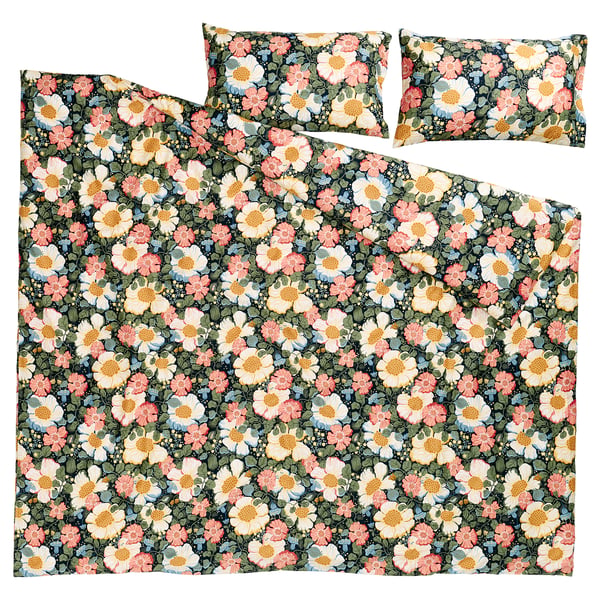 ARENBOK bedding set with dark floral pattern on black fabric, includes duvet cover and pillowcases, made from recycled cotton and lyocell.