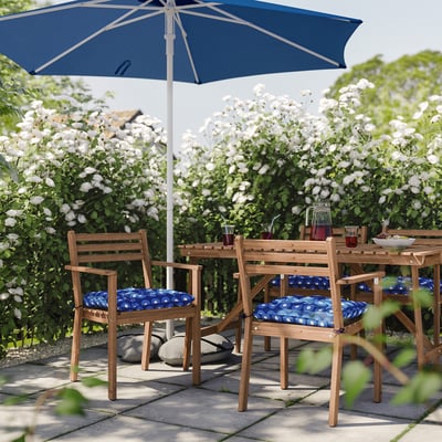 ASKHOLMEN Table+4 chairs w armrests, outdoor, dark brown/Klösan dark blue, 143x75 cm