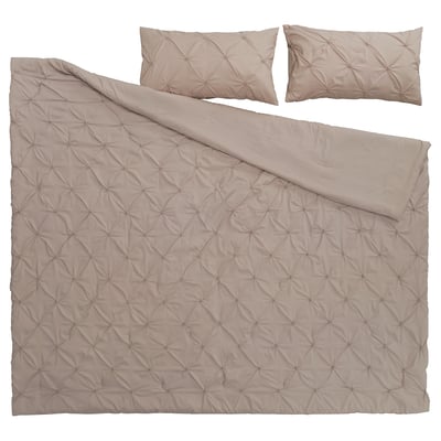 Beige BÄGARKLOCKA comforter set with recycled polyester, textured diamond design, and matching shams.