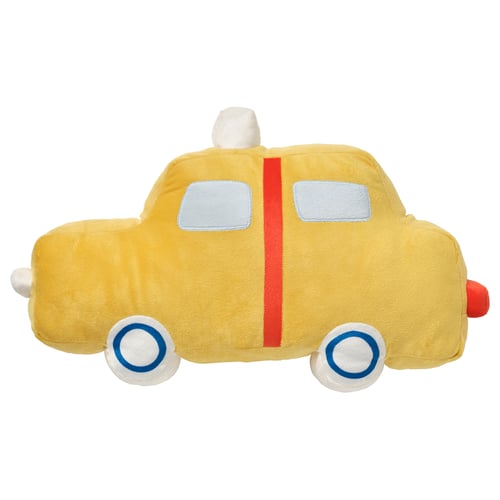 A yellow plush taxi-shaped pillow with red stripe, white trim, blue tyres, and grey windows. Made from recycled polyester.
