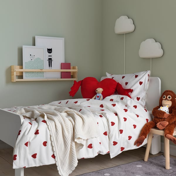 BARNDRÖM Duvet cover and pillowcase, heart pattern/white red, 150x200/50x80 cm