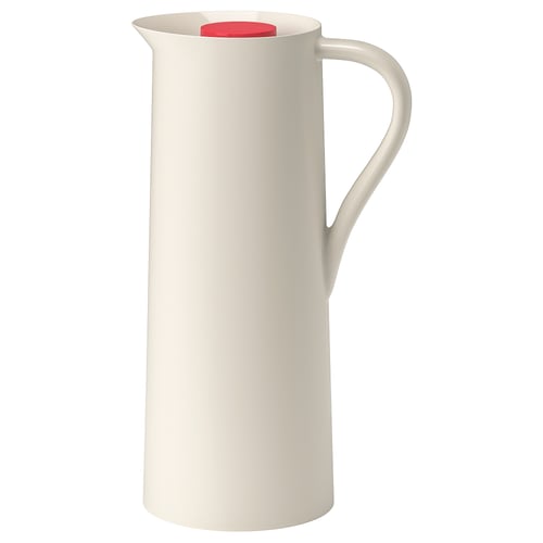 A white and red BEHÖVD vacuum flask. It a sleek design with a sturdy handle and a red lid.