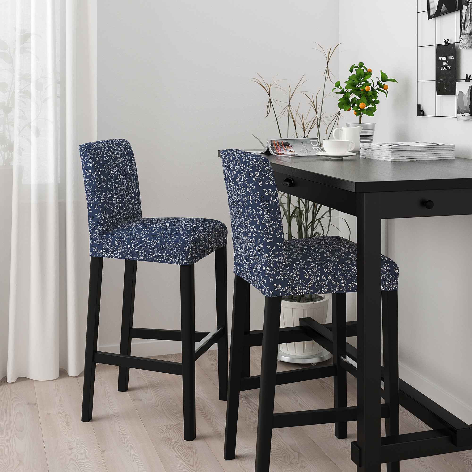 BERGMUND Bar stool with backrest, black/Ryrane dark blue, 75 cm