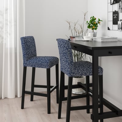 BERGMUND Bar stool with backrest, black/Ryrane dark blue, 75 cm