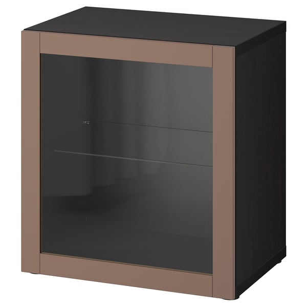 Modern BESTÅ display cabinet in black-tinted glass and dark pink frame, square shape with glass door.