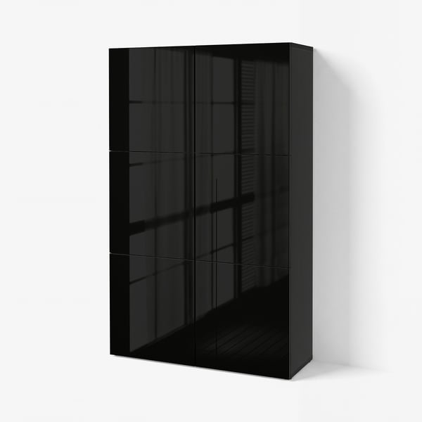 BESTÅ Storage combination with doors, black-brown/Selsviken high-gloss/black, 120x42x193 cm