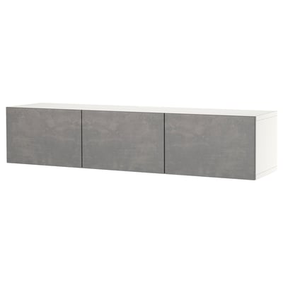 White BESTÅ tv bench with grey concrete-textured doors, rectangular and wall-mountable.