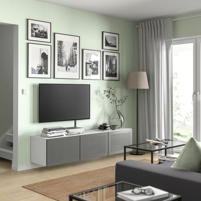 BESTÅ TV bench with doors, white/Mörtviken dark grey, 180x42x38 cm