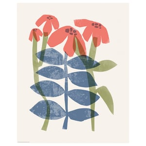 Vibrant botanical print with coral flowers and blue leaves on white paper.