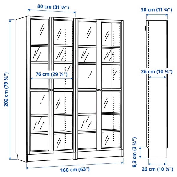BILLY / OXBERG Bookcase combination w glass doors, brown walnut effect, 160x202 cm